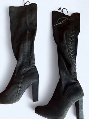 TOP Moda Black Over-the-Knee Lace-Up Block Heel Boots